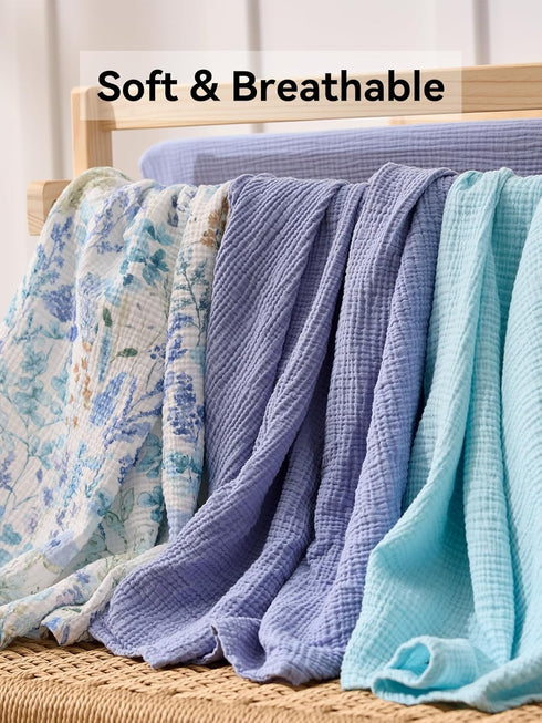 3 Pack 47"X47", TILLYOU Muslin Swaddles for Newborns Baby Blankets for Girls Boys Cotton Swaddle Blankets Blue Flower