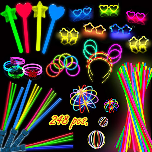 248 PCS Glow Sticks Party Pack, 100 Pcs 8 Inch Glow Sticks, 6 Glow Sticks Wands for Parties