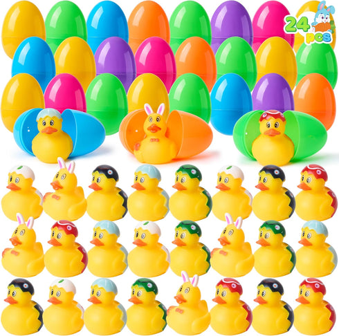 24 JOYIN Pcs Prefilled Easter Eggs with Rubber Ducks, Variety Duckies for Easter Egg Hunt, Kids Basket Stuffer, Bath