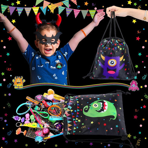 Abbylike 102 Pcs Monster Party Favors, Make Your Own Stickers, Spring Launchers, Drawstring Backpack, Notebooks & More