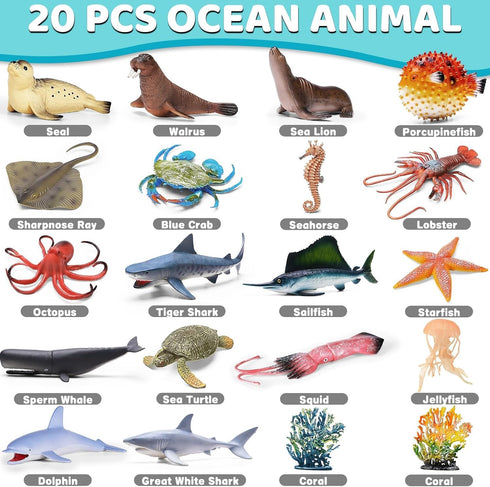 MOEAWS 20 3+, Pcs Ocean Animal Toy with Educational Booklet, Plastic Sea Animal with Gift Box, Mini Sea Creature