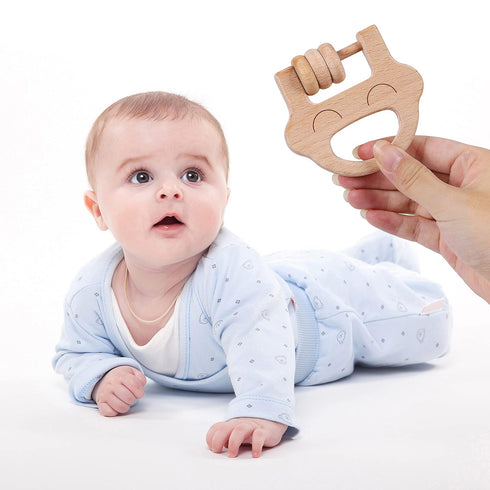 6 TOWO Wooden Rattles Maracas Baby Toys Months-Organic Eco Toys for Infant Grasping Teething Natural Tether Musical