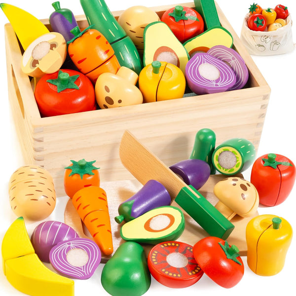 Wooden Play Food Set for Kids Kitchen | Cutting Veggies & Fruits