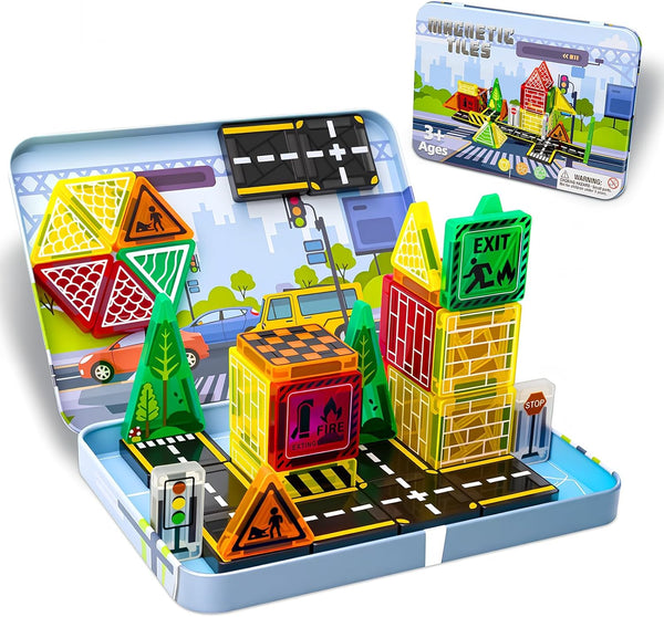 Magnetic Tiles,42PCS Magnetic Building Blocks with Metal Storage Box,Magnetic Tiles for Kids