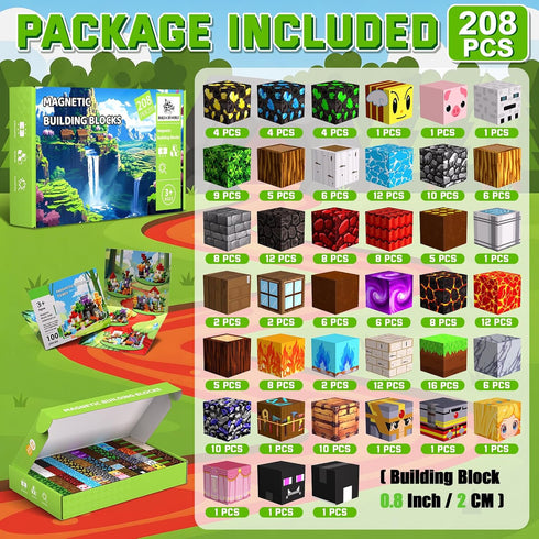 208PCS 3+, Magnetic Blocks, Magnetic Building Blocks, Stacking Magnetic for Kids, Sensory Toy for STEM Constructions
