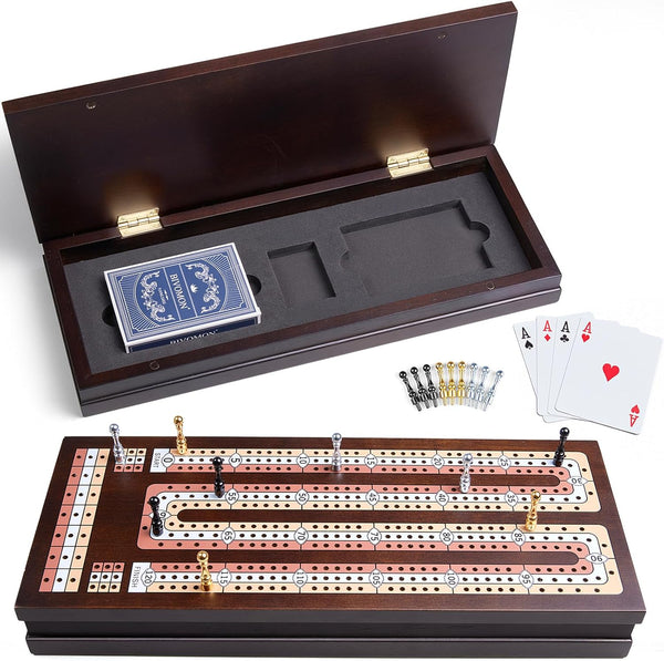 BIVOMON Wooden Cribbage Board Game Set with Large Storage Area, 3 Track