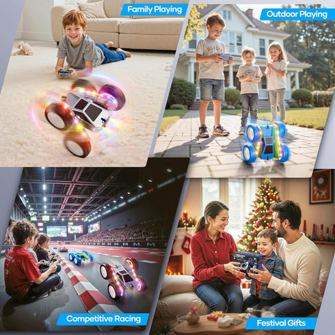 360 4WD 3+ Remote Control Car, Flips Rotating RC Stunt Car with USB-C Charge Modular Battery, RC Cars with LED Lights