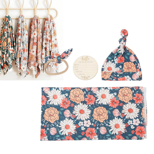 Vibrant Floral Print Newborn Swaddle Blanket Set with Hat and Headband, Cozy