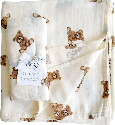 Cozy Ali+Oli Teddy Bear Swaddle & Burp Cloth Bundle Soft & Baby Essentials, Soft Rayon Made from Bamboo and Organic