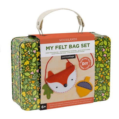 Petit Collage DIY Woodland Fox Felt Bag, Crossbody Bag with Matching Acorn Zipper Purse for Kids Crafts Sewing Kit