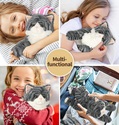 Gray Tabby Cat Stuffed Animals, Microwavable Stuffed Animal Adorable Fluffy Cat Plush for Warmth & Comfort, Heatable