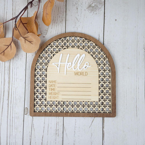 TTMerriwood 6.5 Inch Baby Announcement Sign Wooden Hello World Newborn Welcome Sign Birth Name Plaques for Photo Props