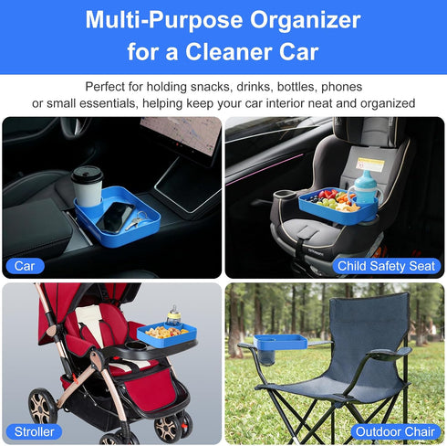 Car Seat Snack Tray for Kids, Mess-Free Square Travel Tray Cup Holder Snack Tray, Durable Car Food Tray for Toddlers