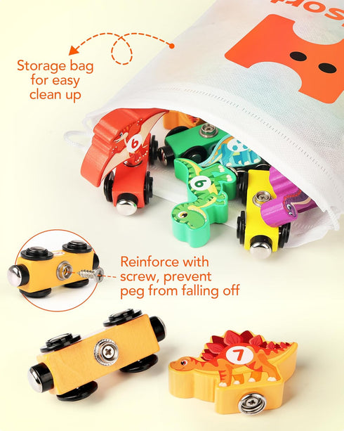 Helsort Set, Counting 3-5 Wooden Dinosaur Train Magnetic Dinosaur Toys and Number Train for Toddlers, Educational