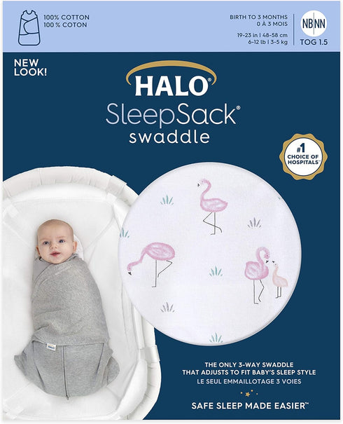 HALO 100% Cotton Sleepsack Swaddle, 3-Way Adjustable Wearable Blanket, TOG 1.5, Flamingos for Newborn 0-3 Months