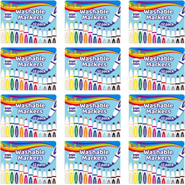 TooyBing Washable Markers Bulk (144 Count, 12 Box), 12 Assorted Colors, Washable