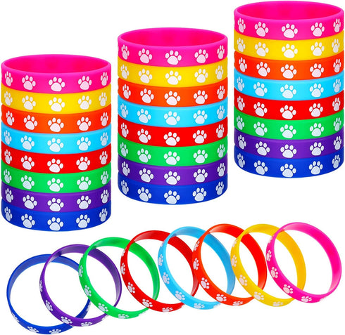Gejoy 48 Pcs Paw Print Rubber Bracelets - Multicolor Dog Paw Print Silicone Wristbands for Birthday Party Supplies