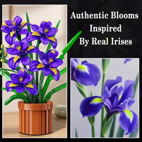Set 808PCS CUBIMANA Flowers Botanicals Iris Building - Mother's Day Artificial Purple Bonsai Plant for Home Office