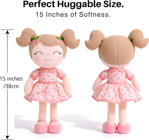 Plush Cherry Girl Doll - Soft Pink Baby Gift with Adorable Gift Bag