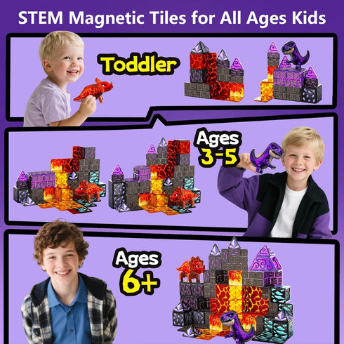 Set 3-5 5-7 4-6 6-8, 3+ GobiDex Dinosaur Toys Magnetic Tiles Lava Cave Dinosaur World - Magnetic Building Blocks