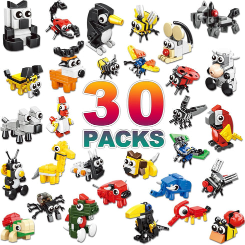 NIEXEBUJO 30 Pack Animal Building Blocks (758 PCS) - Bulk Party Favors -