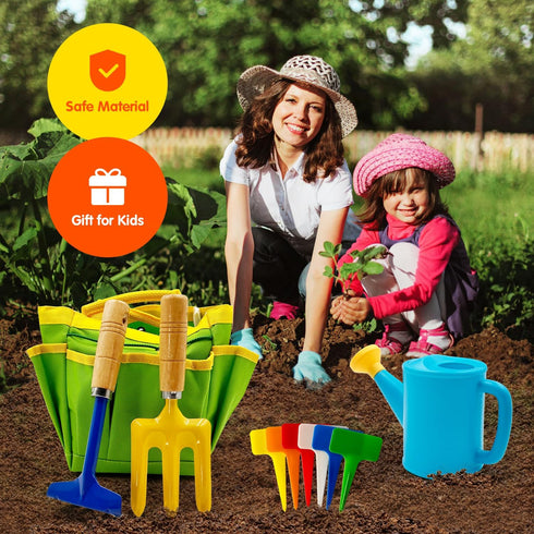 liamasum Set Kids Gardening Tools Includes Toddler Gardening Gloves, Sturdy Tote Bag, Watering Can, Shovel, Rake
