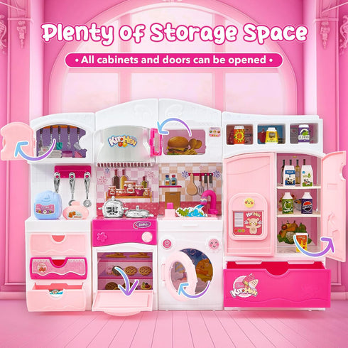 Mastom Playset 3 4 5 6 Kitchen for Girls, Pretend Play Kitchen Toy for Dolls with Lights Sounds & Accessories, Gifts