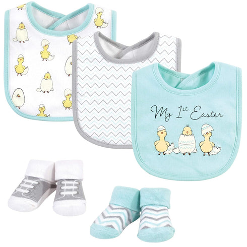 Hudson Baby Unisex Baby Cotton Bib and Sock Set, Easter Chicks, One
