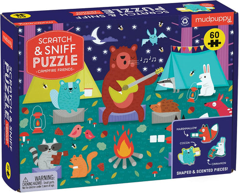 Campfire Friends Scratch and Sniff Puzzle from Mudpuppy – 60 Piece Jigsaw with 6 Shaped Pieces, 3 Campfire Scents