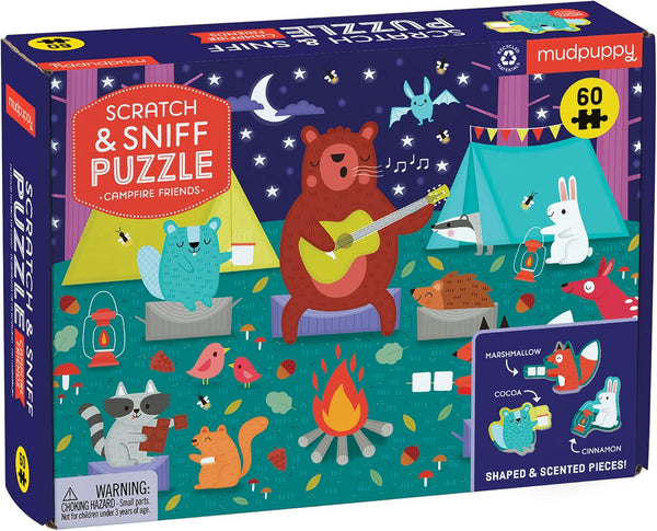 Campfire Friends Scratch and Sniff Puzzle from Mudpuppy – 60 Piece Jigsaw with 6 Shaped Pieces, 3 Campfire Scents