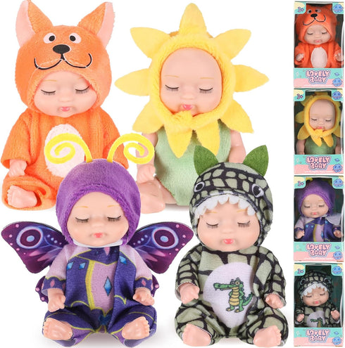Hanaive 4 Pcs 4 Inch Mini Baby Dolls, Lifelike Realistic Tiny Babies Gifts for Kids Birthday