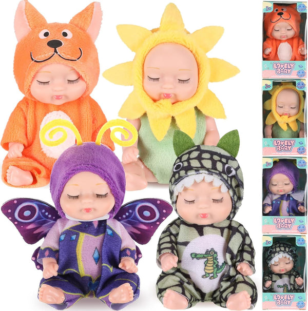 Hanaive 4 Pcs 4 Inch Mini Baby Dolls, Lifelike Realistic Tiny Babies Gifts for Kids Birthday