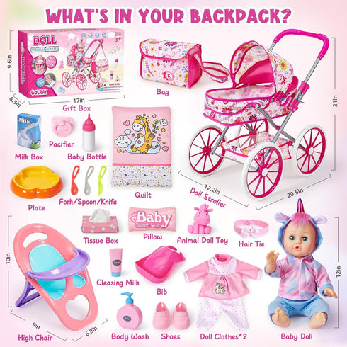 12 Set 3 4 5 6 26pcs Pillow/Highchair/2 3-5-7 Golray in Baby Doll Toys with Stroller for Year Old Girl - Babydoll