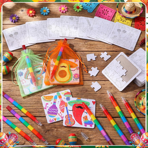 Fullhawl 24 Mexican Puzzles Color Your Own Puzzles Cinco De Mayo DIY Jigsaw Crafts with Stackable Crayons and Bags