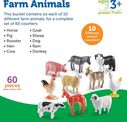 Counters 60 3+ Counting Learning Resources Farm Animal - Pieces, Ages Toddler Learning Toys, Farm Animals Toys