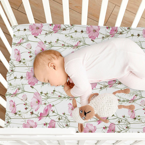 KICPOAY 52 28 Pale Pink Wildflowers Fitted Crib Sheets Stretchy Portable Playard Sheets for Baby Toddler, Breathable