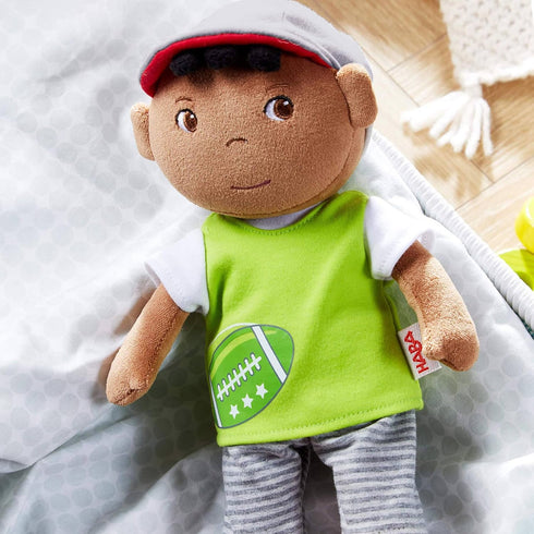 HABA Snug Up Soft Doll Mason - 11.5" Soft Boy Doll with Black Hair, Machine Washable