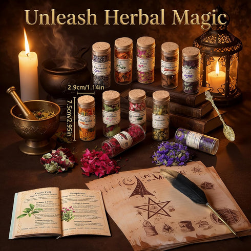 30 Set Witchcraft Kit with Herbs Complete Wiccan Starter with Spell GuideBook, Feather Pen, Parchment Paper & Spoon |