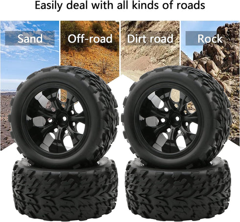 4x 1:10 RC Monster Truck Car Wheels - Rubber RC Tires with 7 Spokes Wheel Rim, Black RC Parts