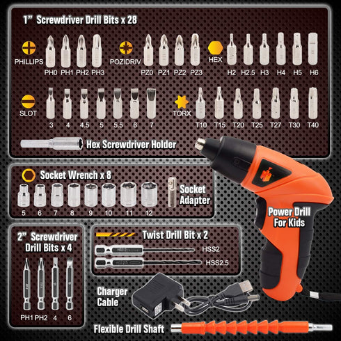 JOY TOWN Set JoyTown Kids Real Power Drill Electric Cordless Drill Tool Kit for Children with Interchangeable Bits