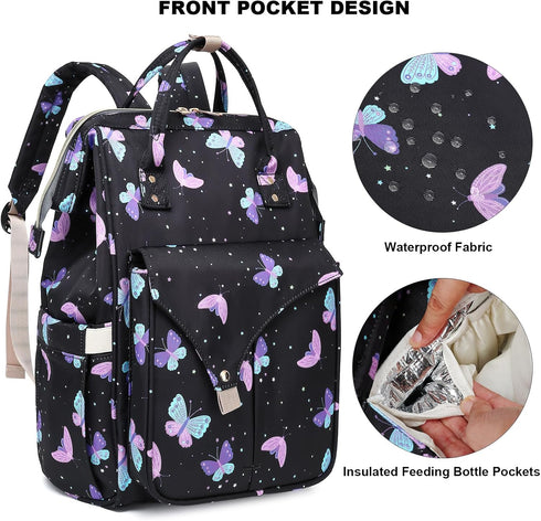 Mimfutu Backpack Butterfly Diaper Bag for Baby Girls Boys, Large Capacity Multifunction Waterproof Maternity Mom Nappy