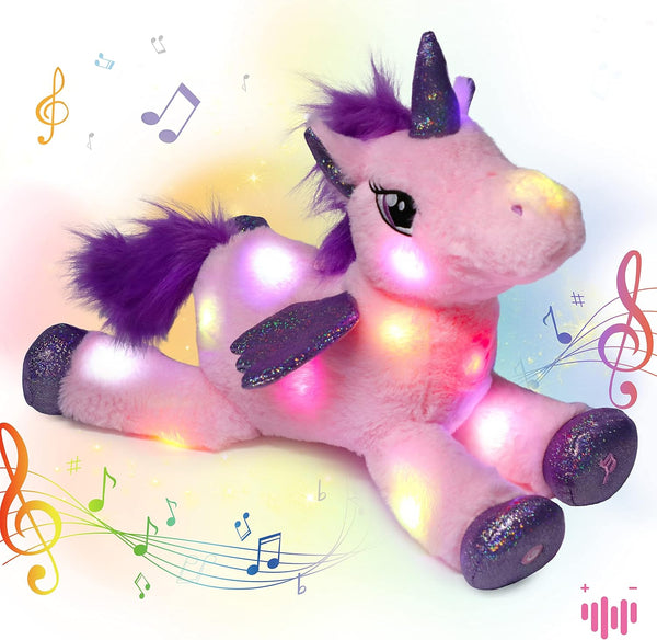Hopearl LED Musical Stuffed Unicorn Light up Singing Plush Toy Adjustable Volume