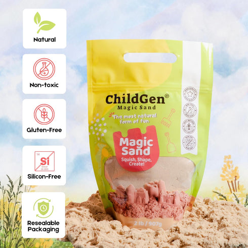 2lbs ChildGen Magic Sand, Natural Sea Sand in Resealable Bag, Non-Toxic Play Sand for Kids, Soft, Moldable, Mess-Free