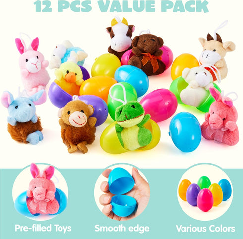 12 JOYIN Pcs Prefilled Easter Eggs with Plush Toys, Plastic Eggs Filled with Mini Stuffed Plush Toys, Basket Stuffers