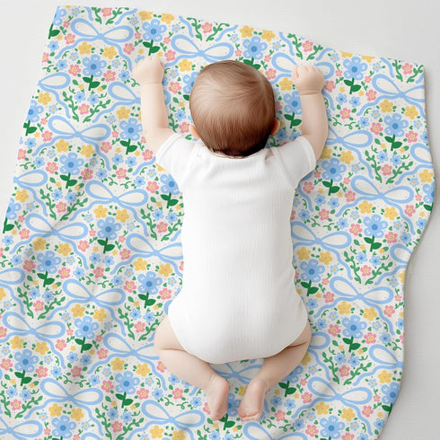 Cstdyfrv Summer 60x80in Vintage Floral Pink Blue Bows Baby Blankets for Boys Girls Spring Flowers Ribbon Bows Swaddle