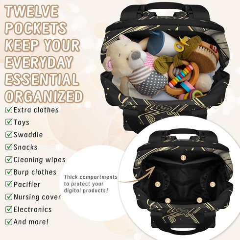 Shoblo Backpack Books Black Diaper Bag for Travel, Waterproof Diaper Bag with Insulated Bottle Pockets & USB Port