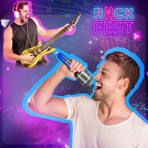 Tradder 48 Pcs Inflatable Rock Star Toy Set - Blow Up Guitar and Microphone for 80s 90s Musical Themed Parties