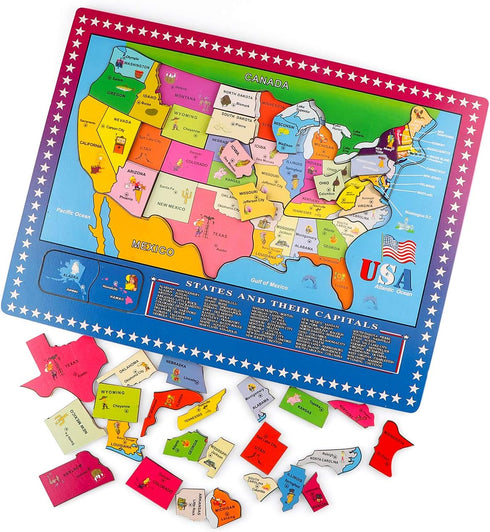 Wondertoys 46 Pieces Wooden USA Map Puzzle - Educational Geography Puzzles for Kids, US Map Puzzle for Boy Girl