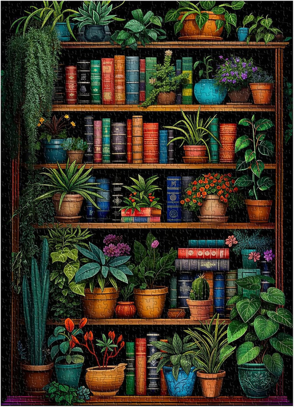 PICKFORU Vintage Bookshelf Puzzle for Adults 1000 Pieces, Book Houseplant Puzzle,Retro Bookshelf Botanical
