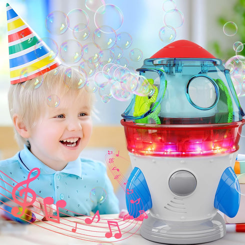 Automatic Bubble Machine, 360° Rotatable Rocket Bubble Blower with Lights & Music for Kids, Indoor Outdoor Use